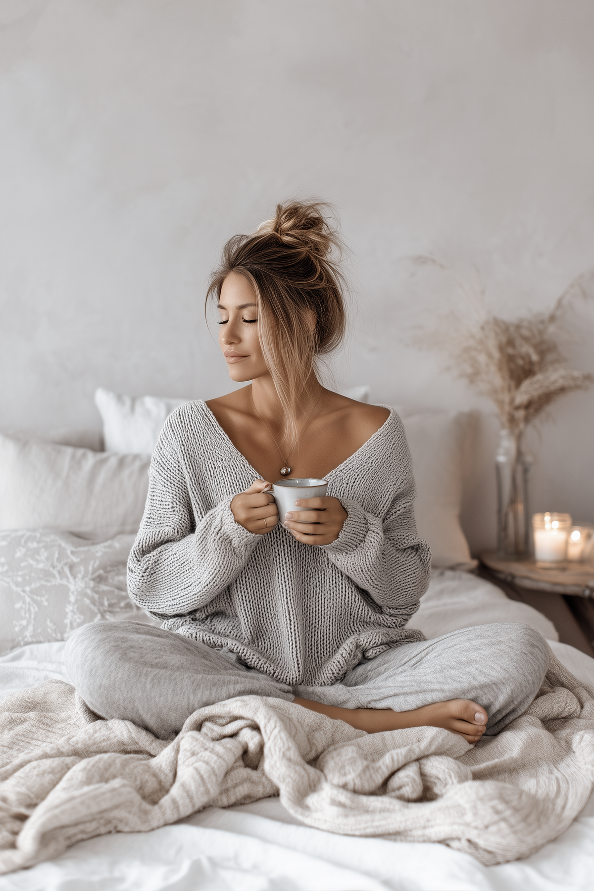 Woman sitting cross-legged on a cozy bed, wrapped in soft neutral-toned bedding, holding a warm mug, with candles and natural textures in the background, creating a calm and sensory-soothing environment.