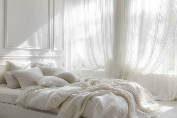 A bright, airy bedroom with soft white linen bedding, neutral cushions, and sheer curtains gently diffusing sunlight to create a peaceful, calming atmosphere