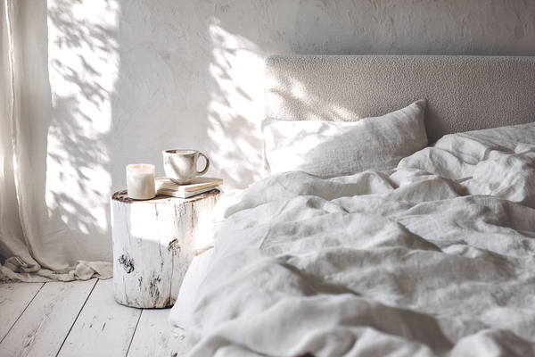 Soft morning light over linen bedding, ceramic mug and beeswax candle on oak bedside.