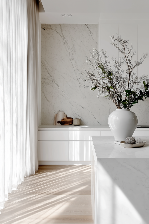 Bright and airy kitchen with marble finishes, a large white vase filled with branches and greenery, soft sunlight filtering through sheer curtains, and minimalist styling creating a fresh, elegant atmosphere.