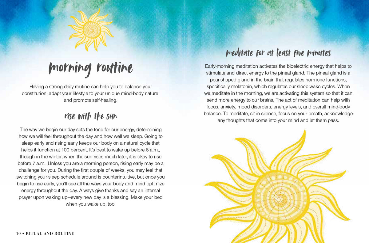 Everyday Self-care spread on morning routine and meditation, with a painted sun illustration
