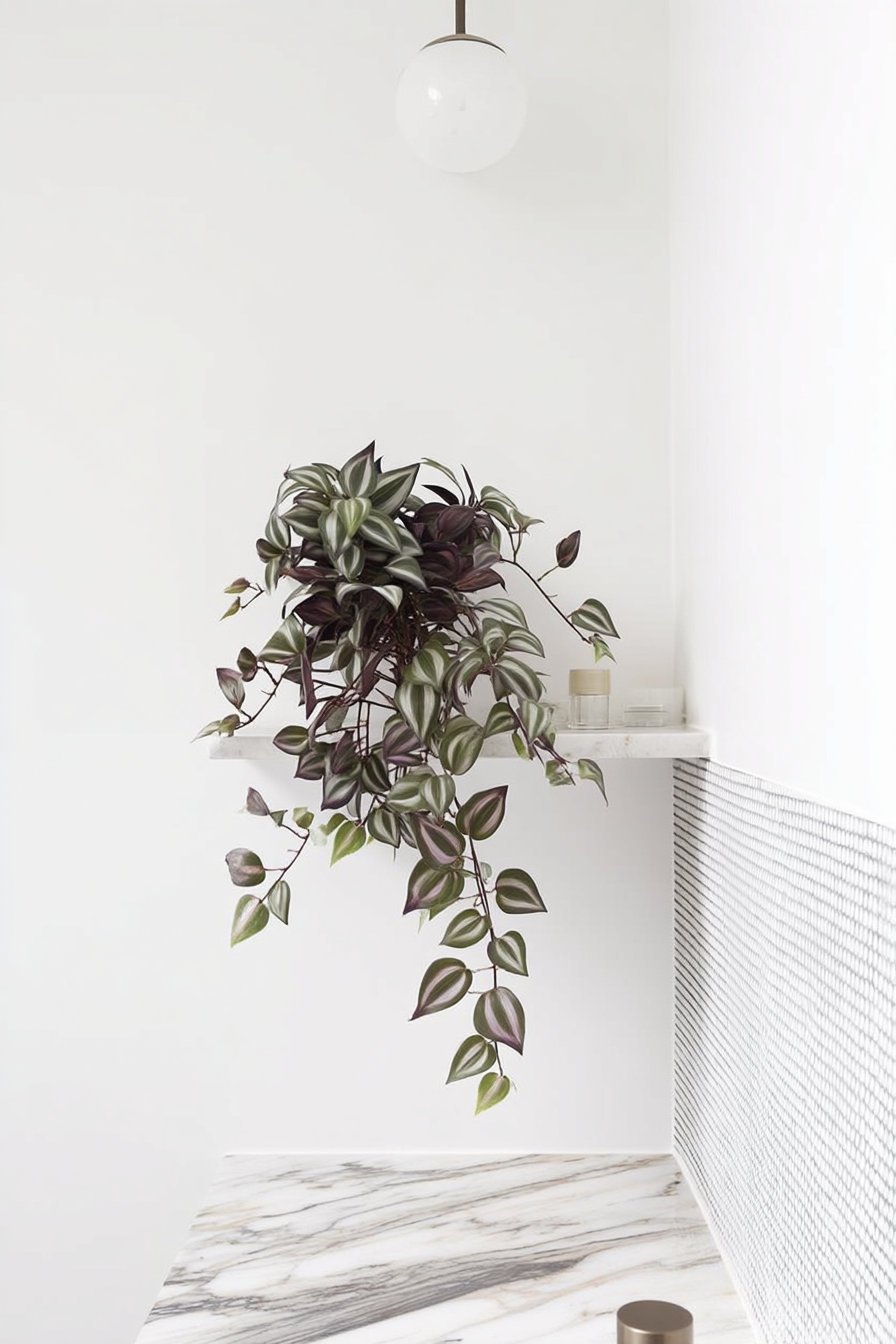 Faux Wandering Dew trailing from a white floating shelf above a marble bench in a bright bathroom