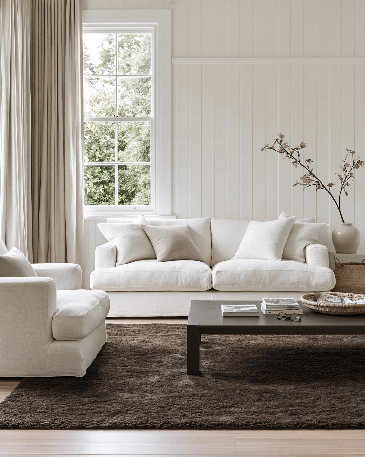 Acorn brown shag rug under a white sofa and armchair beside a sash window