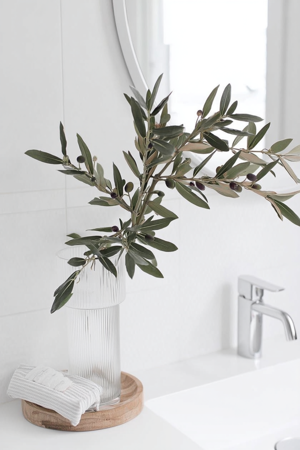 Olive branch in a ribbed glass vase on a round timber tray on a white bathroom vanity