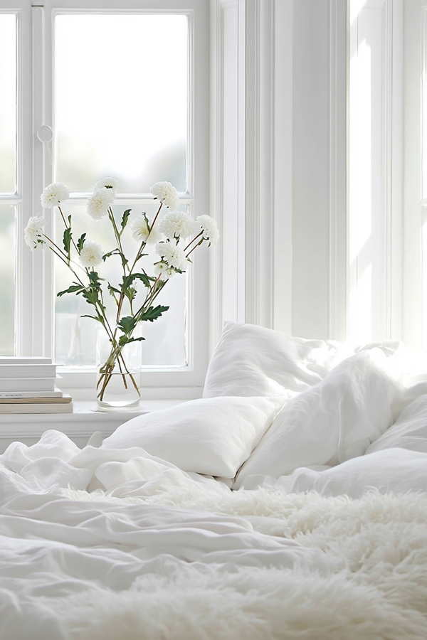 A delicate white faux pompon mum spray styled in a clear glass vase on a bright white bedroom windowsill