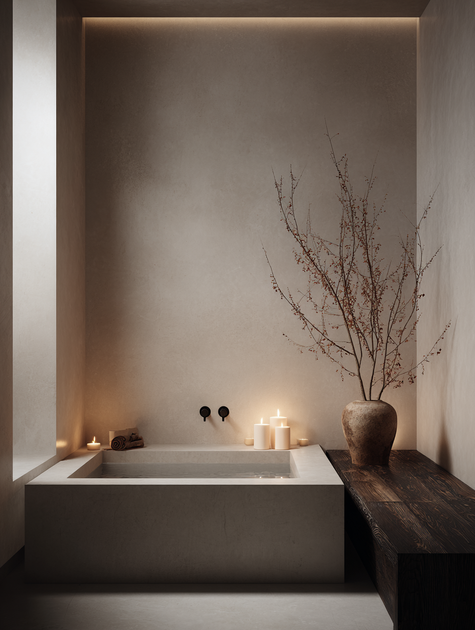 Three lit white pillar candles beside a stone bath, with tall branching stems in an aged terracotta urn