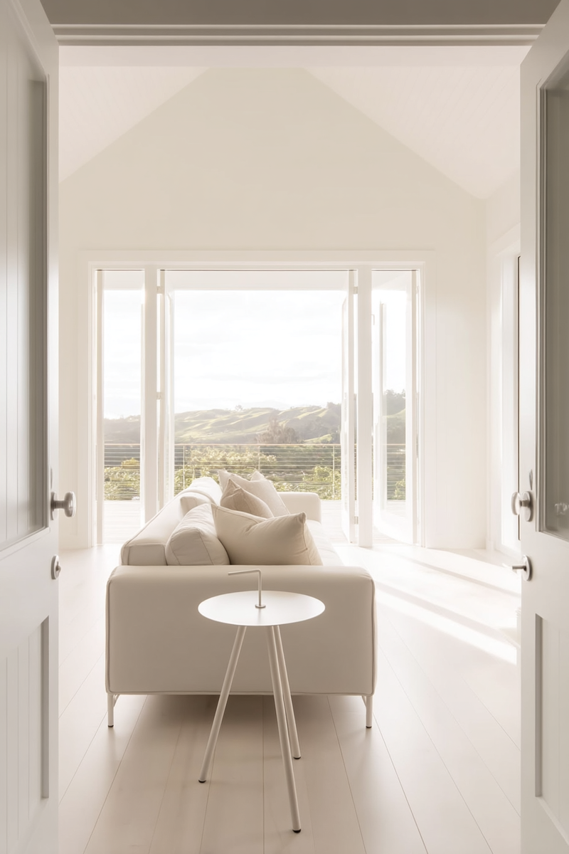 Soft neutral living room with white French doors, taupe iron side table, and creamy white sofa facing panoramic hill views.