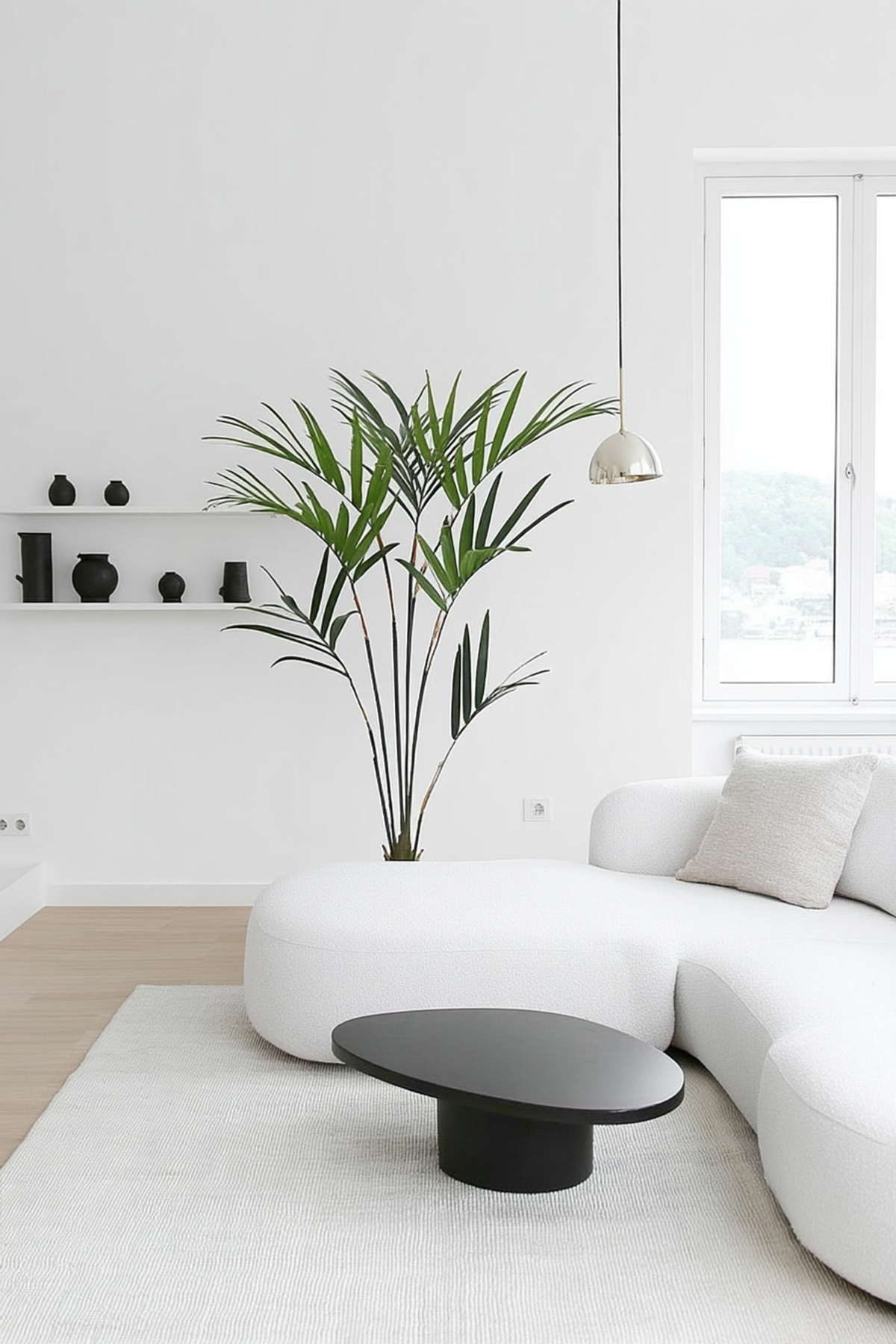 Bright living room with a curved white sofa, round coffee table and the kentia palm by a window