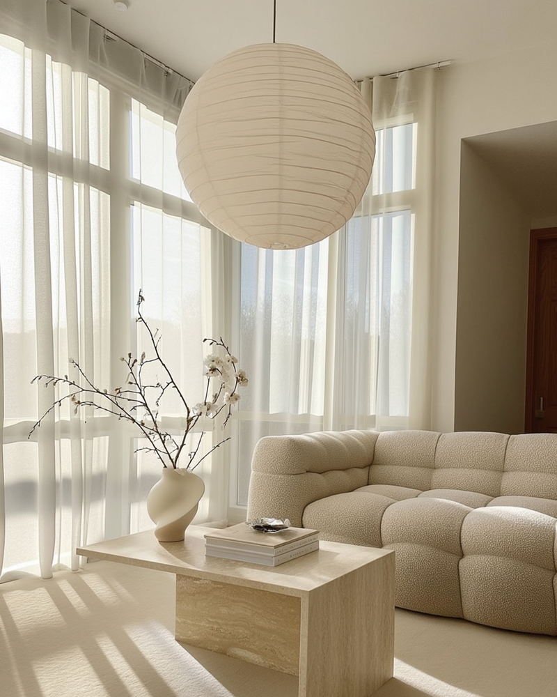 White linen pendant light shade hanging in a bright living space with soft natural light, a boucle sofa, and neutral decor for a calming, organic feel.