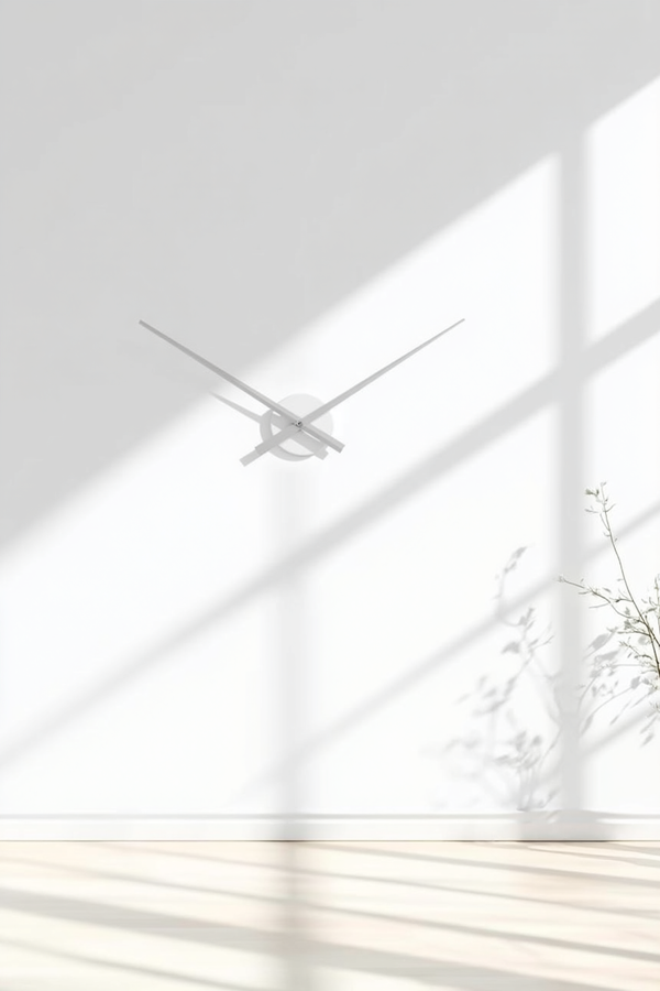 Karlsson Large Little Big Time minimalist wall clock with oversized silver aluminium hands, no clock face, mounted on a white wall with sunlight and soft shadows in a modern interior.