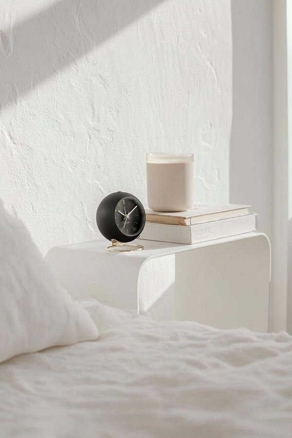 Minimalist bedroom with a soft white palette, styled with a Karlsson black globe alarm clock and candle atop stacked books on a curved white bedside table.