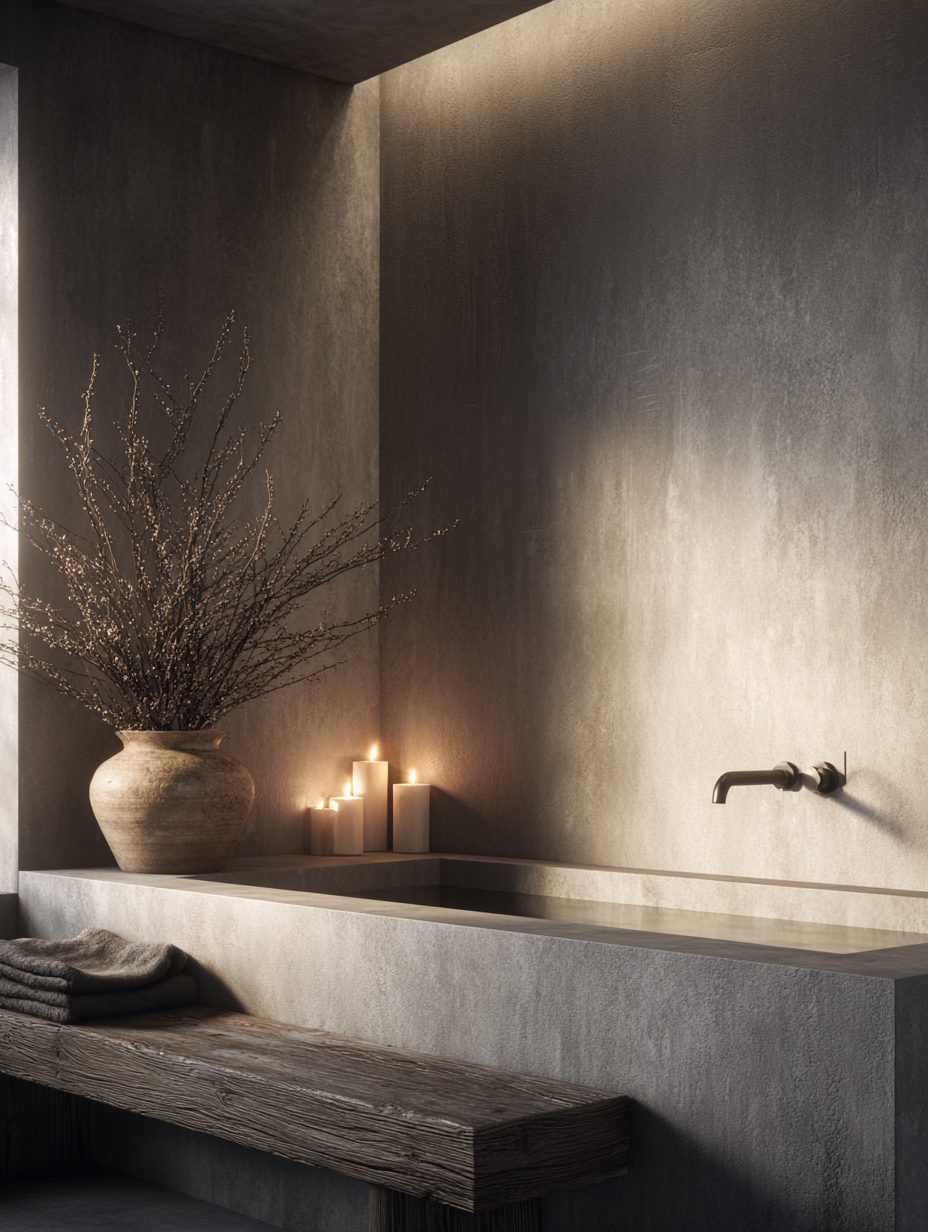 Lit white pillar candles on the edge of a stone bath in a microcement bathroom with dried branches in an urn