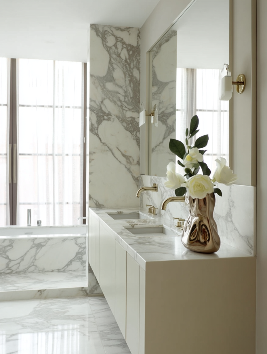 Marble bathroom vanity styled with a vase of white gardenia beside the mirror