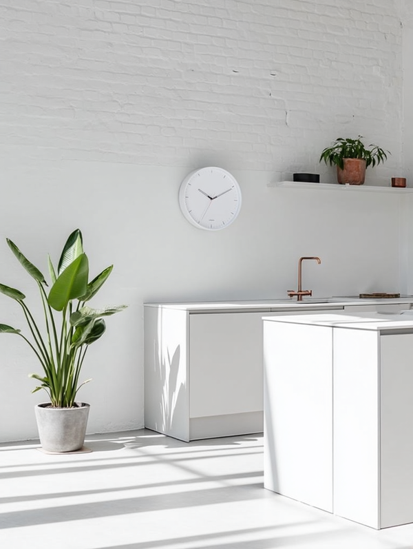 Minimalist white wall clock with black markings in a bright, sunlit kitchen featuring white cabinetry, a copper tap, and potted plants against a white brick wall.