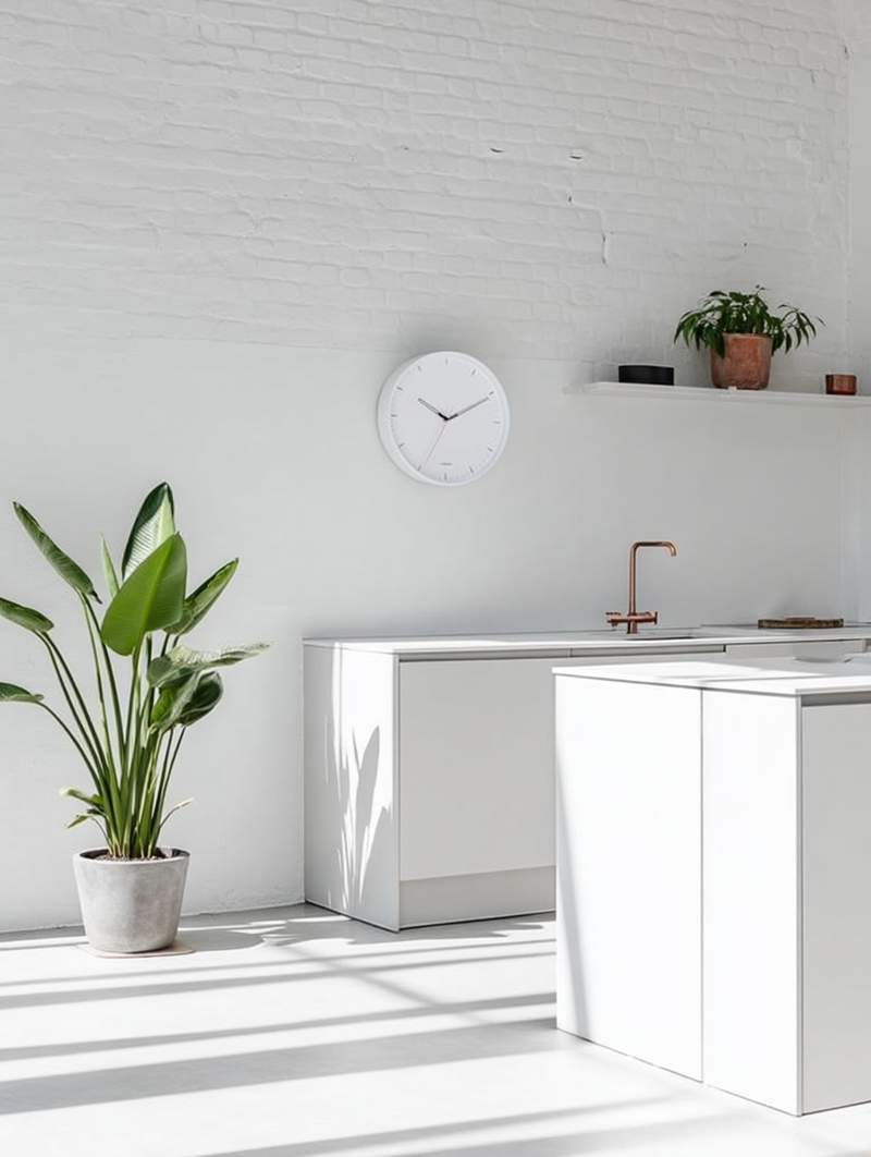 Minimalist white wall clock with black markings in a bright, sunlit kitchen featuring white cabinetry, a copper tap, and potted plants against a white brick wall.