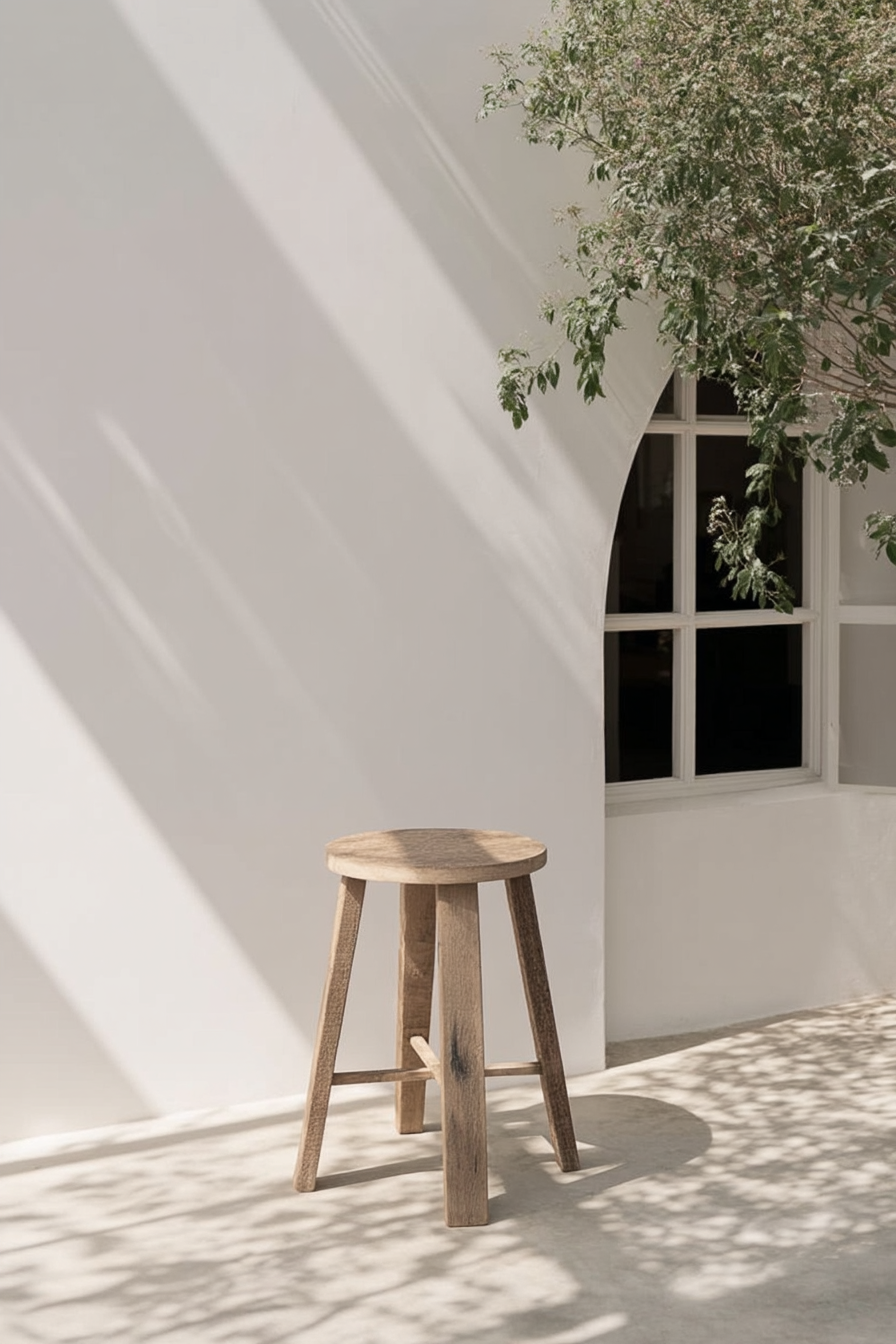 Natural teak stool in a sunlit white room beside an arched window and an olive tree