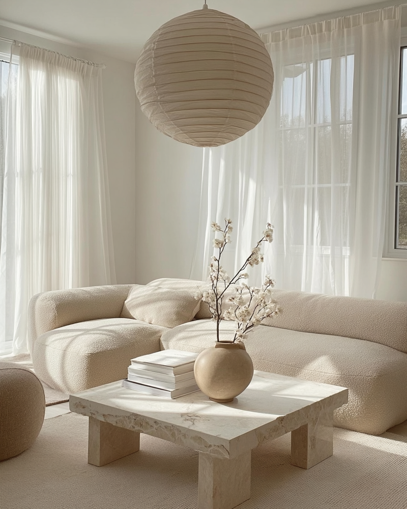 Neutral living room with a sculptural white linen round pendant shade, soft boucle sofa, marble coffee table, and sheer curtains creating a warm, calming ambiance.
