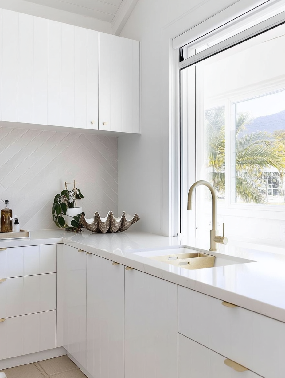 Clam shell dish styled on the benchtop of a white kitchen beside a trailing plant