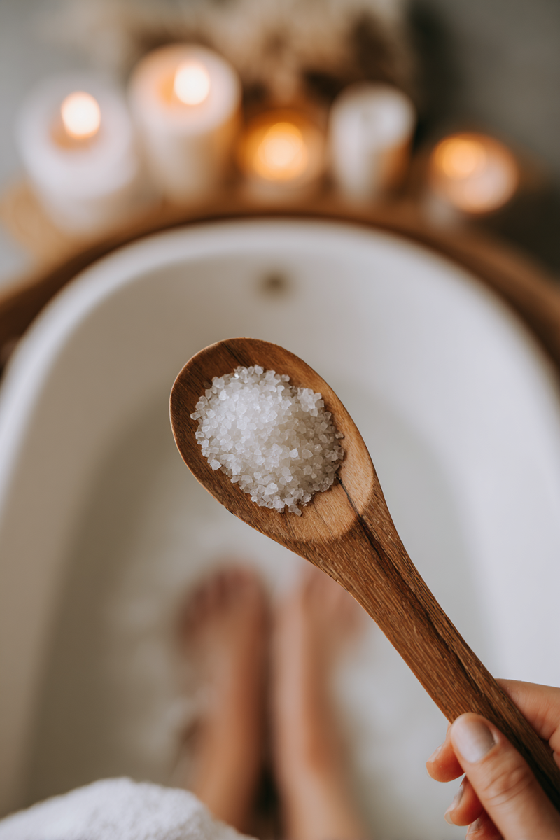 A wooden spoon filled with coarse Epsom bath salts held over a white bathtub, with blurred candles glowing in the background, evoking relaxation and self-care.