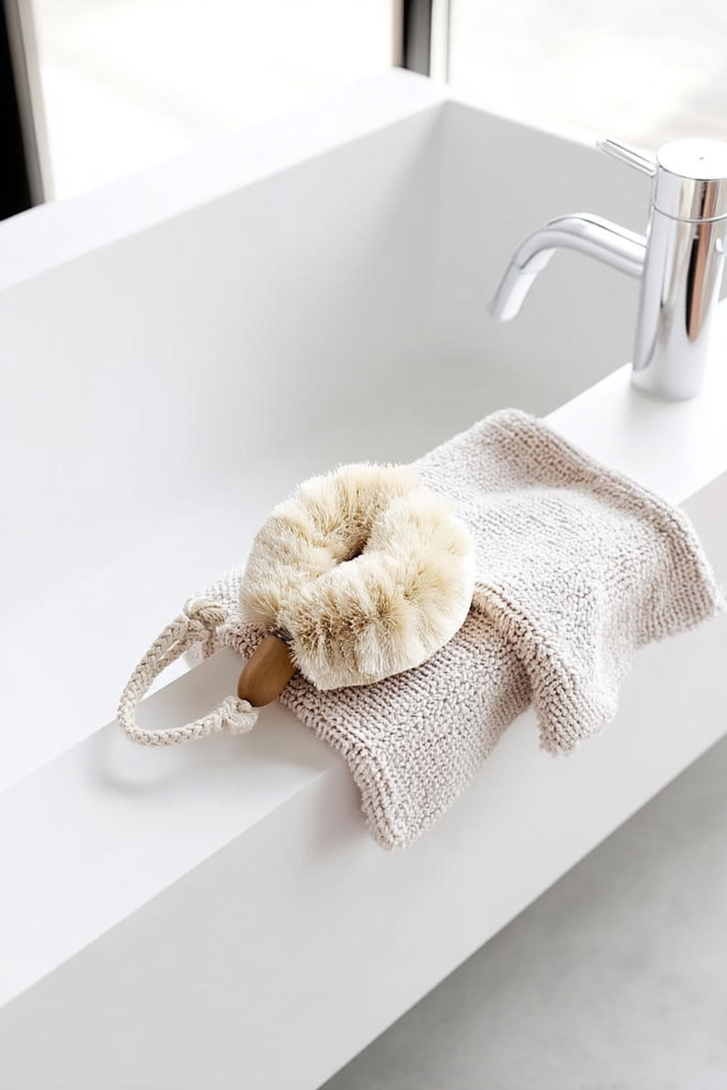 A natural sisal palm body brush with a wooden handle and cotton loop, resting on a soft beige washcloth beside a modern white bath and chrome tap.