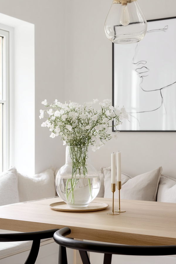 Glass vase with lifelike white gypsophila stems styled on a neutral timber dining table, paired with brass candle holders and soft linen cushions.