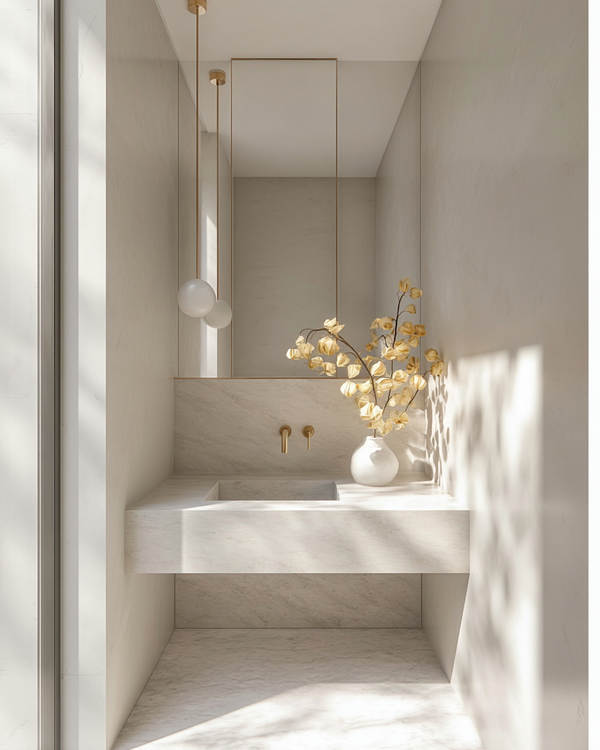Modern marble bathroom with tall Chinese Lantern faux stem in a white vase. Warm yellow blooms contrast against the neutral tones, styled with brass fixtures and soft light.