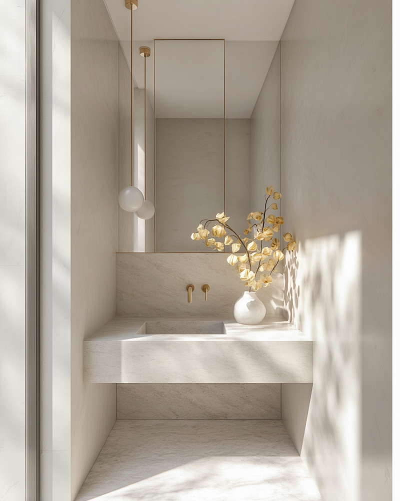 Modern marble bathroom with tall Chinese Lantern faux stem in a white vase. Warm yellow blooms contrast against the neutral tones, styled with brass fixtures and soft light.
