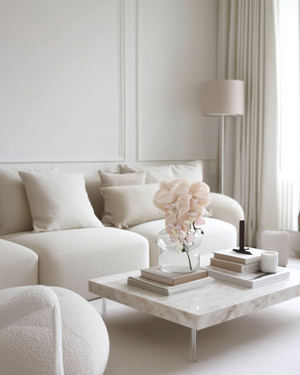 A realistic apricot moth orchid stem with delicate cascading blooms arranged in a modern neutral interior.