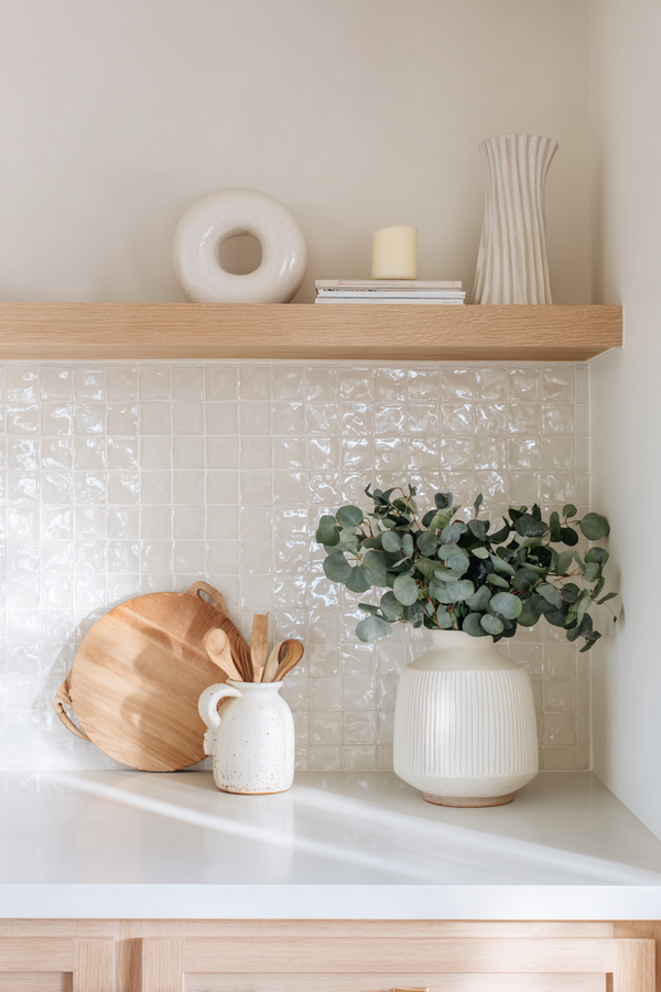 Neutral kitchen vignette with a ribbed ceramic vase filled with lifelike eucalyptus, beside a speckled utensil jug and timber board under an oak shelf.