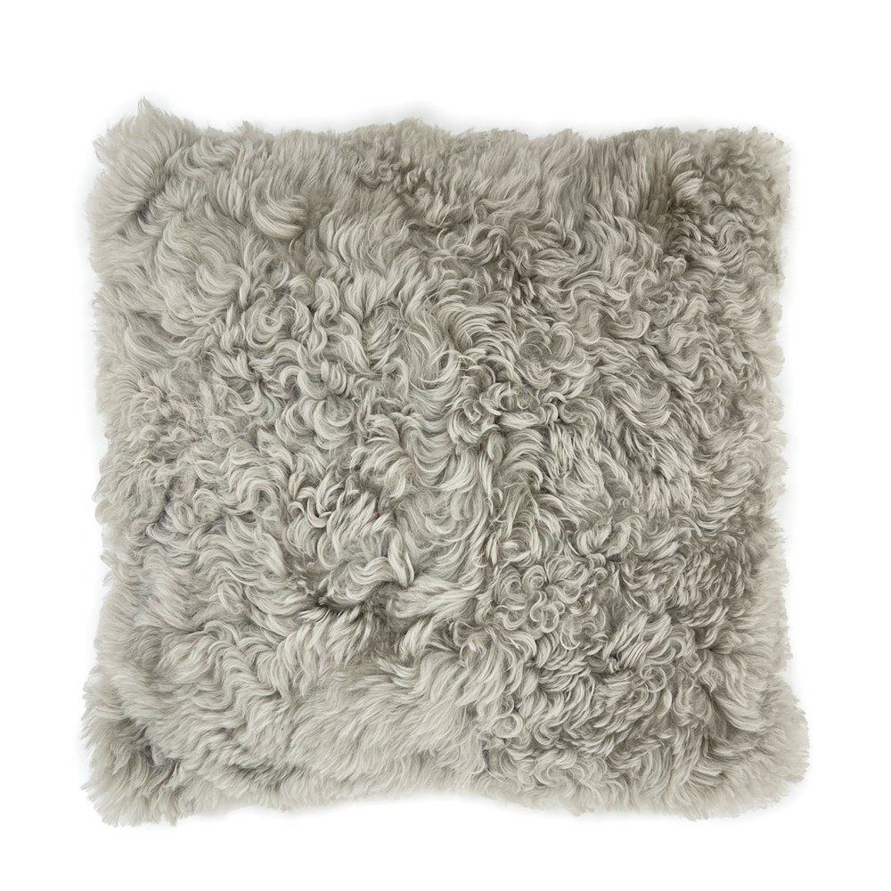 Shearling lamb fur cushion in light grey, dense curly pile across a 45 x 45cm square