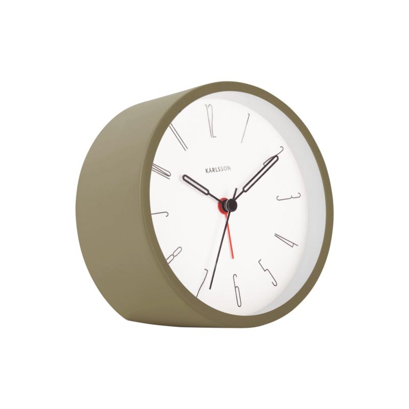 Karlsson Belle alarm clock in Moss Green, angled on a white background
