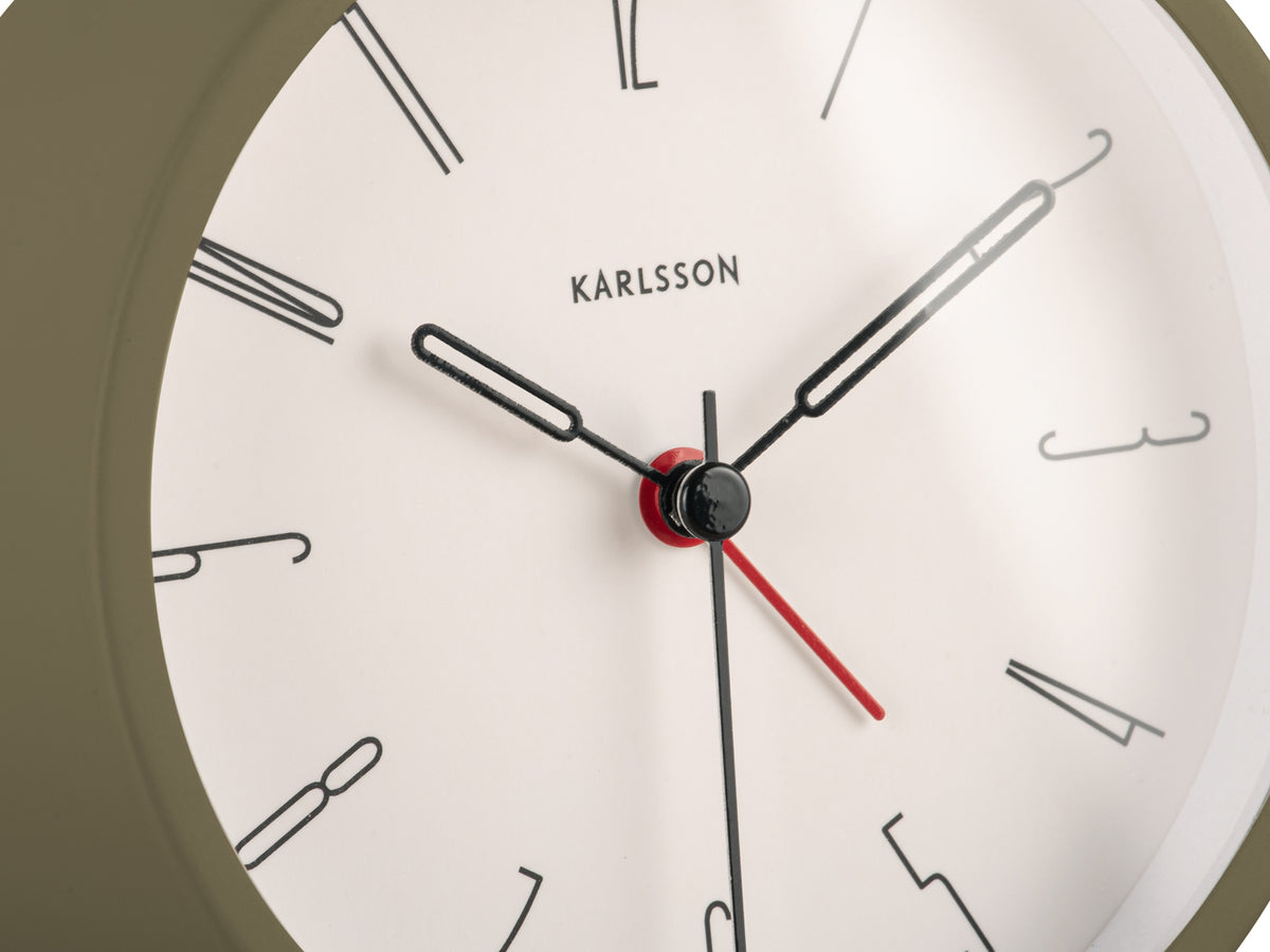 Close-up of the Moss Green Belle alarm clock dial