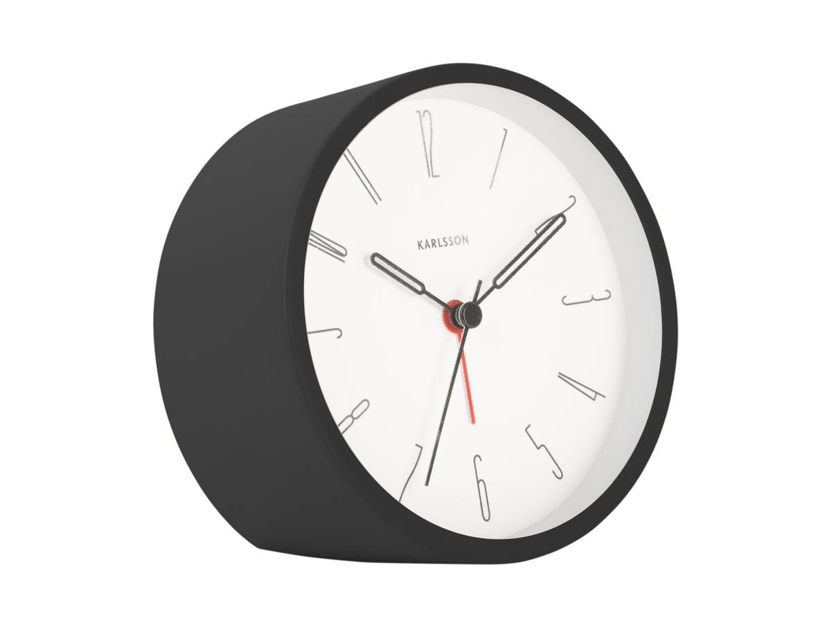 Karlsson Belle alarm clock in Black, angled on a white background