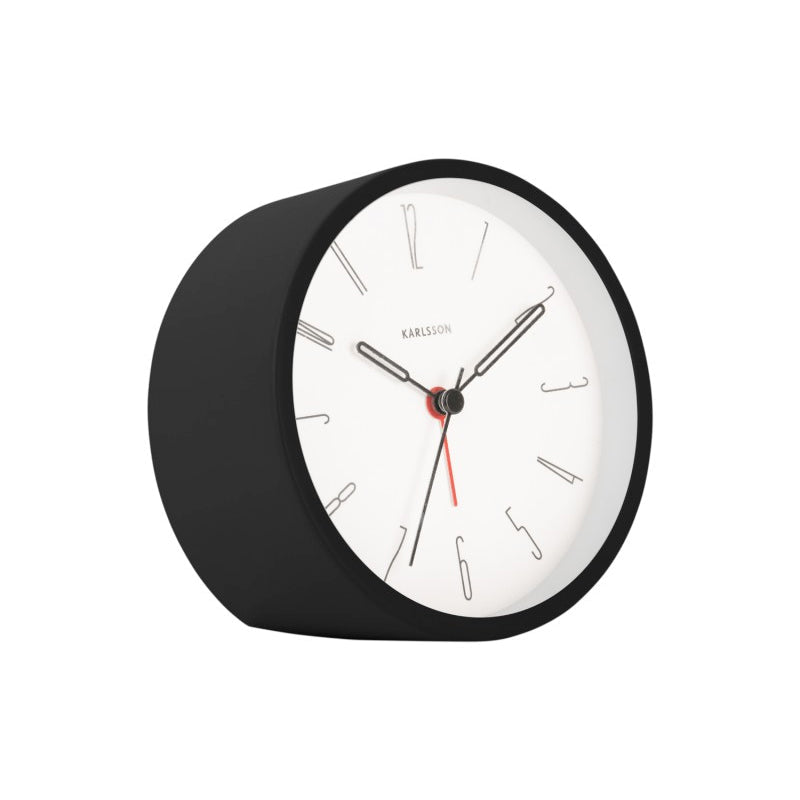 Karlsson Belle alarm clock in Black, angled on a white background