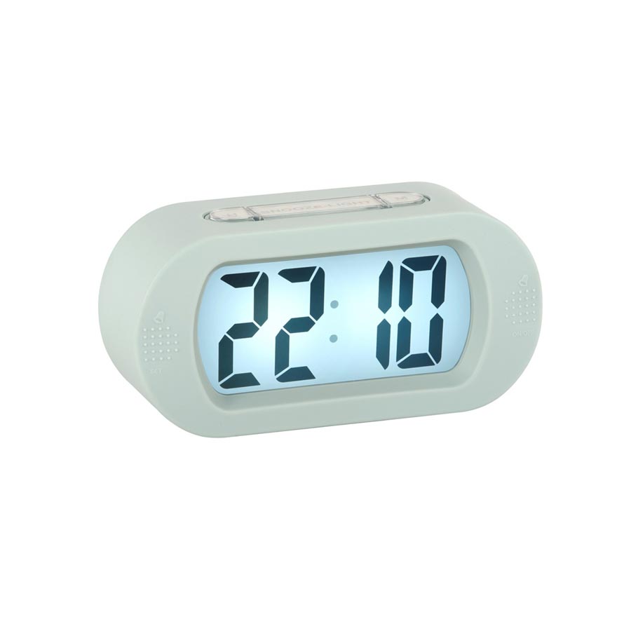 Karlsson Gummy Digital Alarm Clock in soft blue with the display backlit