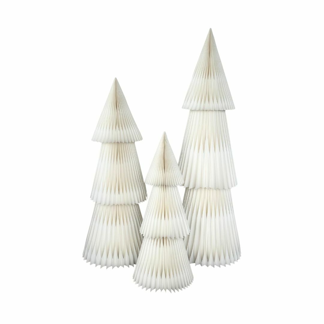 Three beige foldable paper Christmas trees in Small, Medium and Large