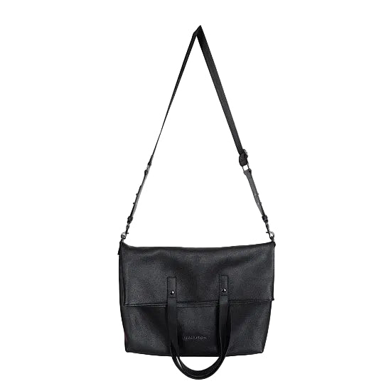 Black shoulder bag with a strap on a white background