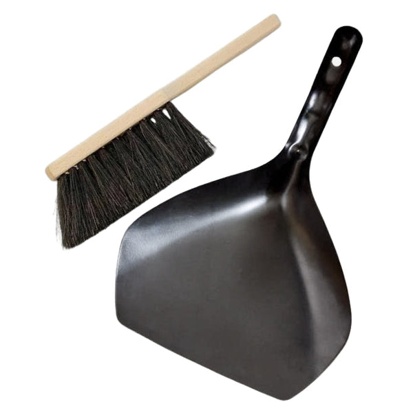 Black broom and dustpan set on a white background