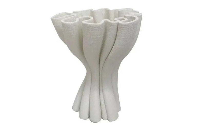 3D Printed Cooper Sculptural Vase in white on plain background