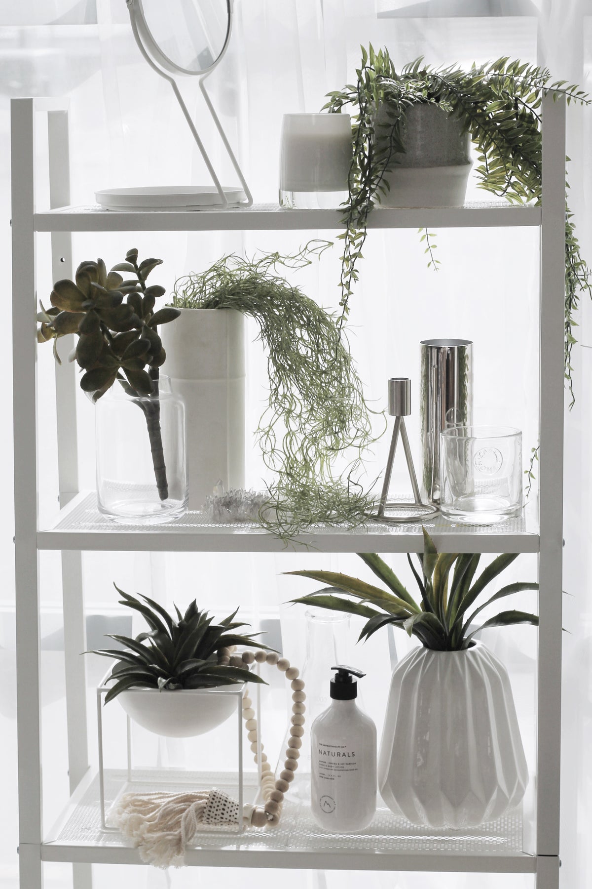 White shelving unit styled with potted greenery, vases and succulents, the sword fern on the top shelf