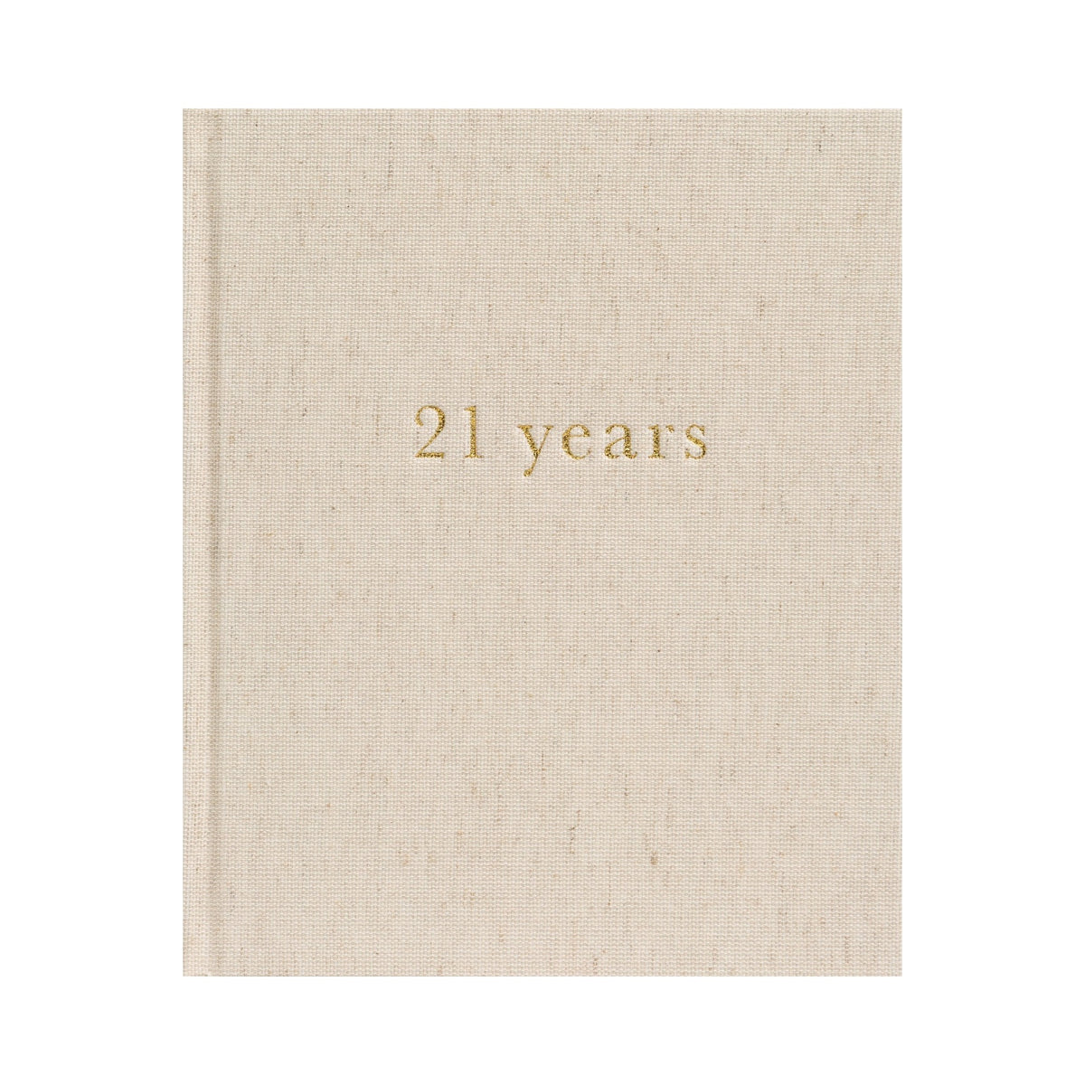 Write To Me 21 Years journal in oatmeal linen with gold embossed title, front cover on a white background