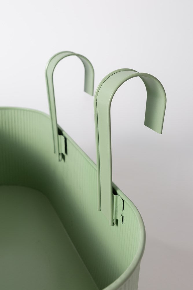 Sage green Juno planter hooks and ribbed side, close view