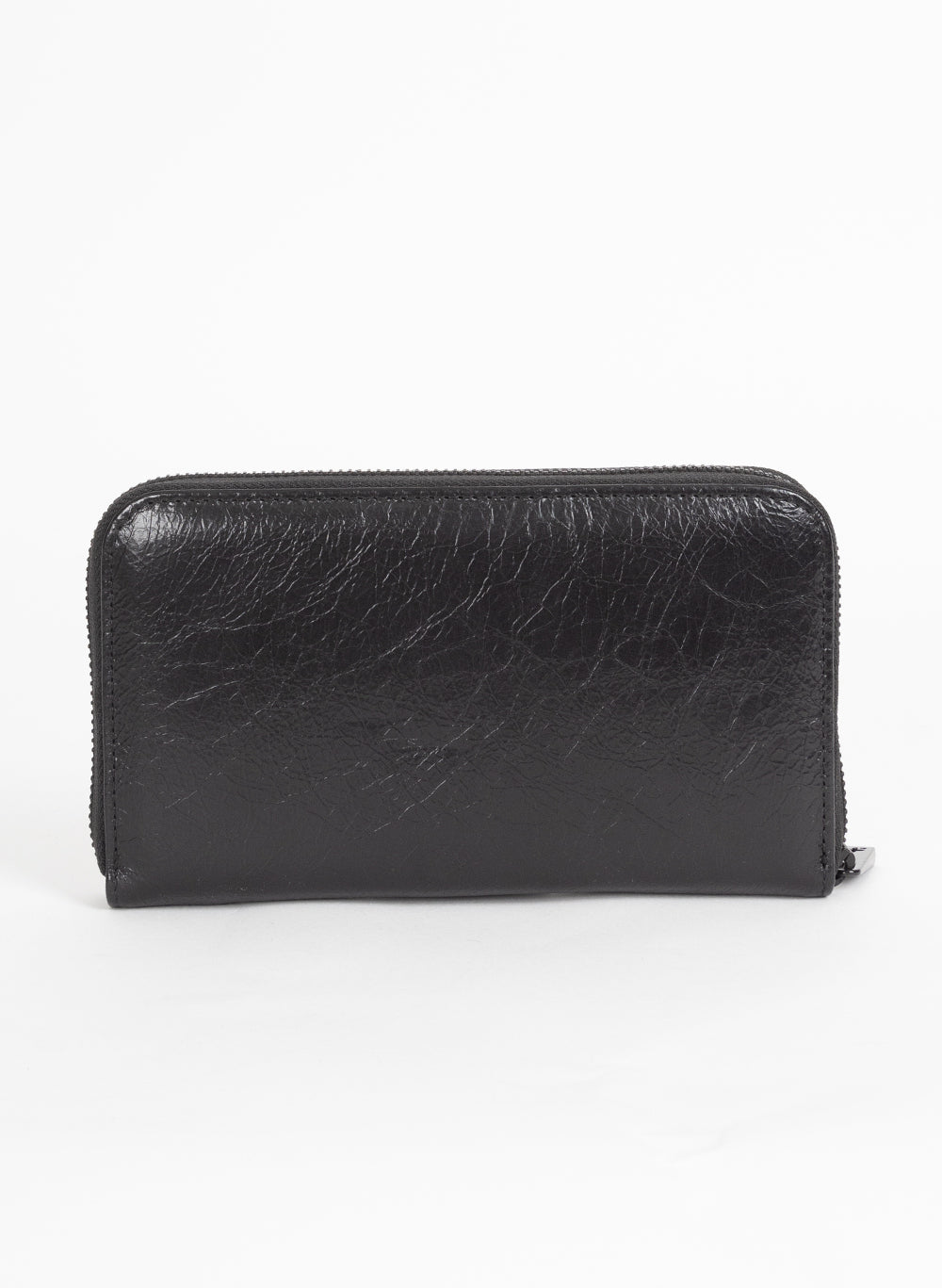 Black Minky leather wallet, back view on white