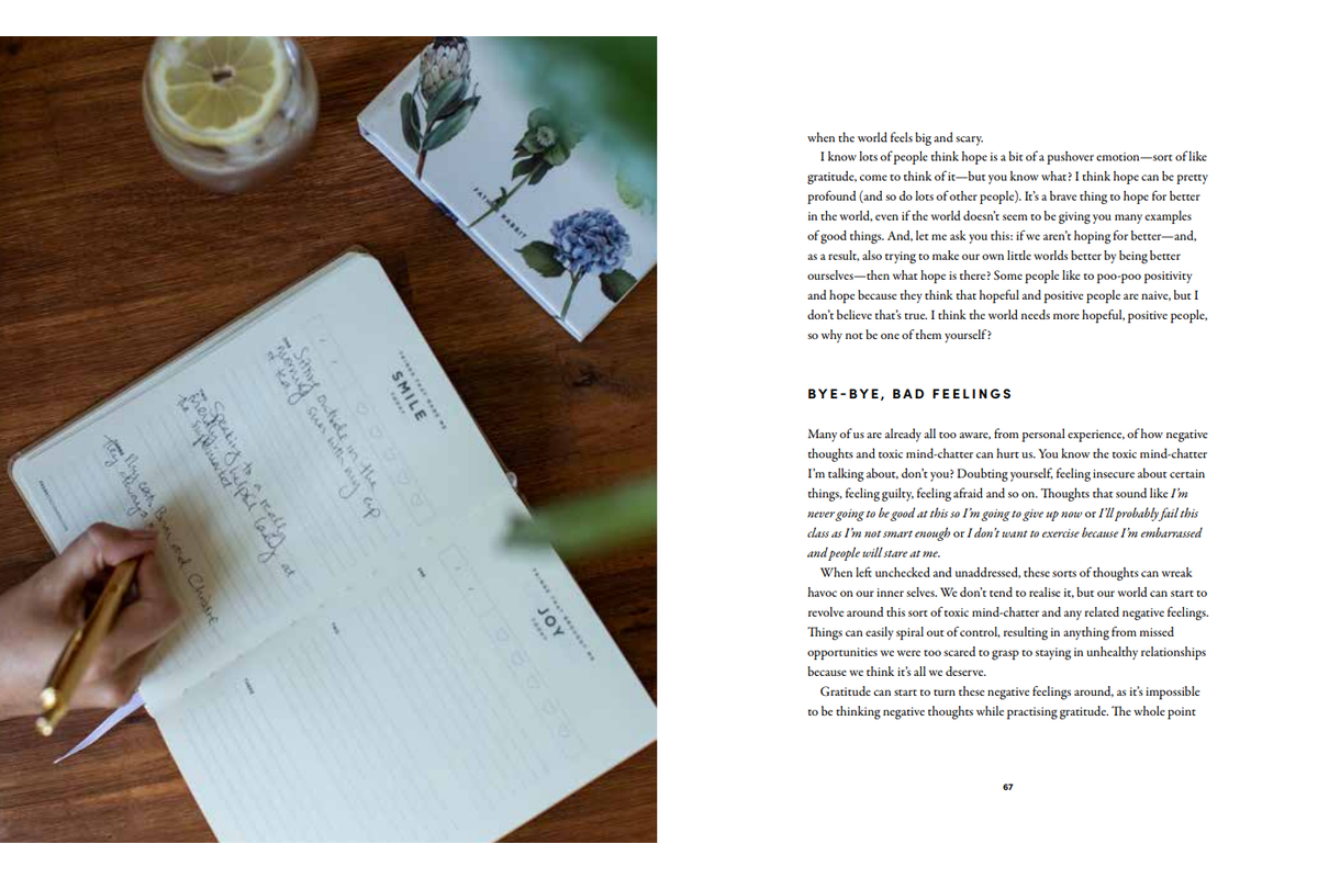 The Feel Good Guide spread headed Bye-Bye Bad Feelings, with a photograph of journalling at a wooden table