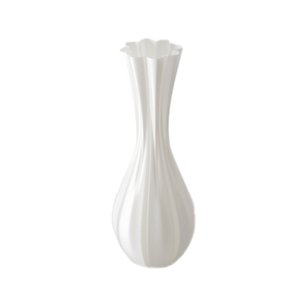 White 3D printed vase with fluted ribs and a scalloped petal rim, shown against a plain white background