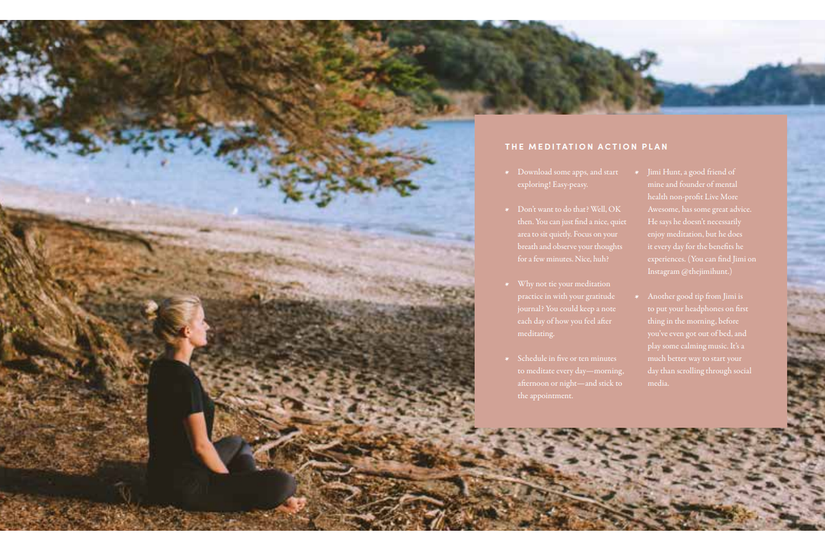 The Feel Good Guide spread on a meditation action plan, with a photograph of meditating on a beach