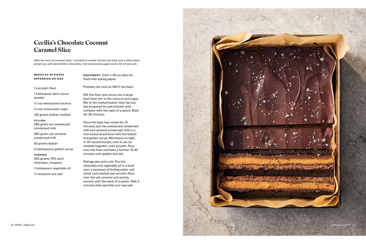 dish SWEET spread for Cecilia's Chocolate Coconut Caramel Slice, shown in the lined tin