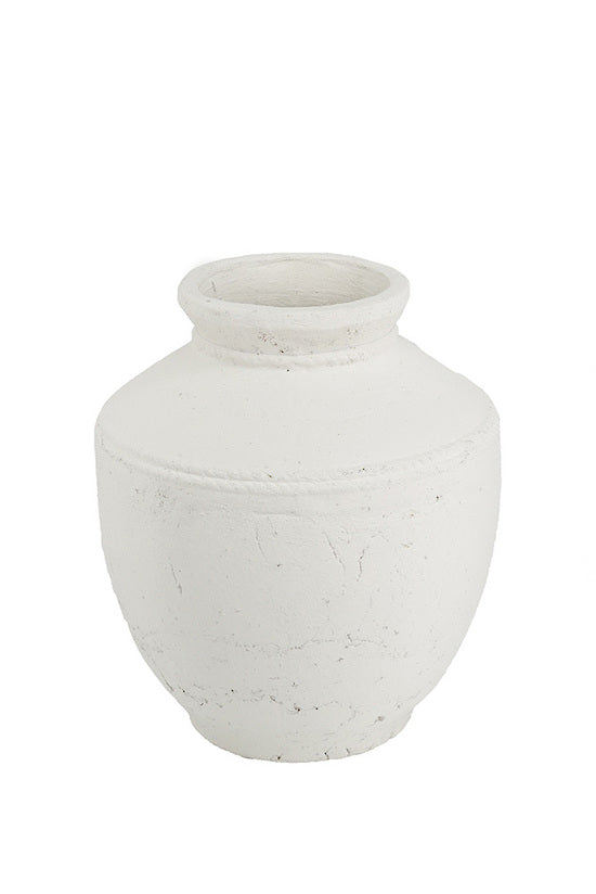 Rafaela vase in a chalky off white finish with a short neck and rounded body, shown alone on white