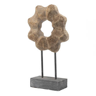 Wooden flower shaped ring on two slim rods above a rectangular grey plinth