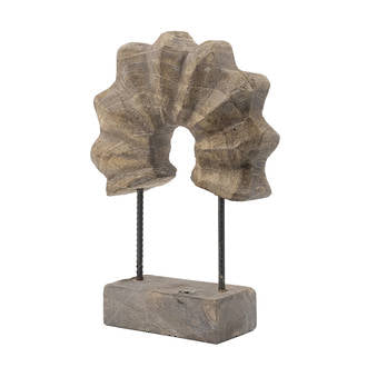 Fluted timber arch sculpture on two rods set into a rectangular wooden base, alone on white